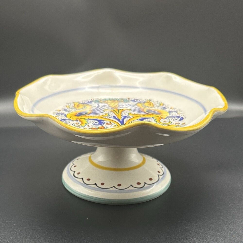 Vintage Majolica Cake Stand Ceramica Nova Deruta Italy Decal Hand Painted 8” MCM